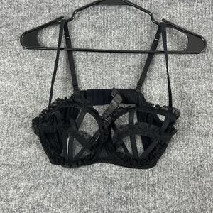 La Perla Bra 36 Caged Lace in Silk Black Harness Open Cup Underwire Lingerie